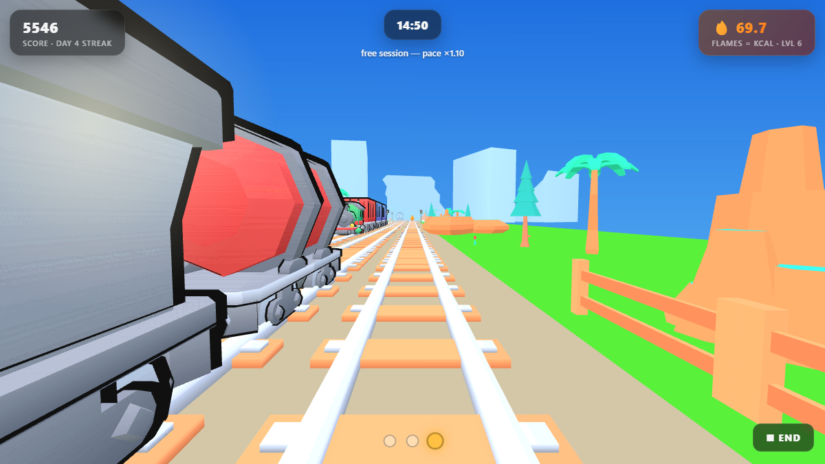 SurgeMove gameplay: a three-lane obstacle course seen from the runner's view, with train consists blocking adjacent lanes