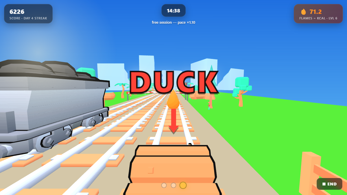 SurgeMove gameplay: the Flames counter in the HUD reads 71.2 kcal during a run