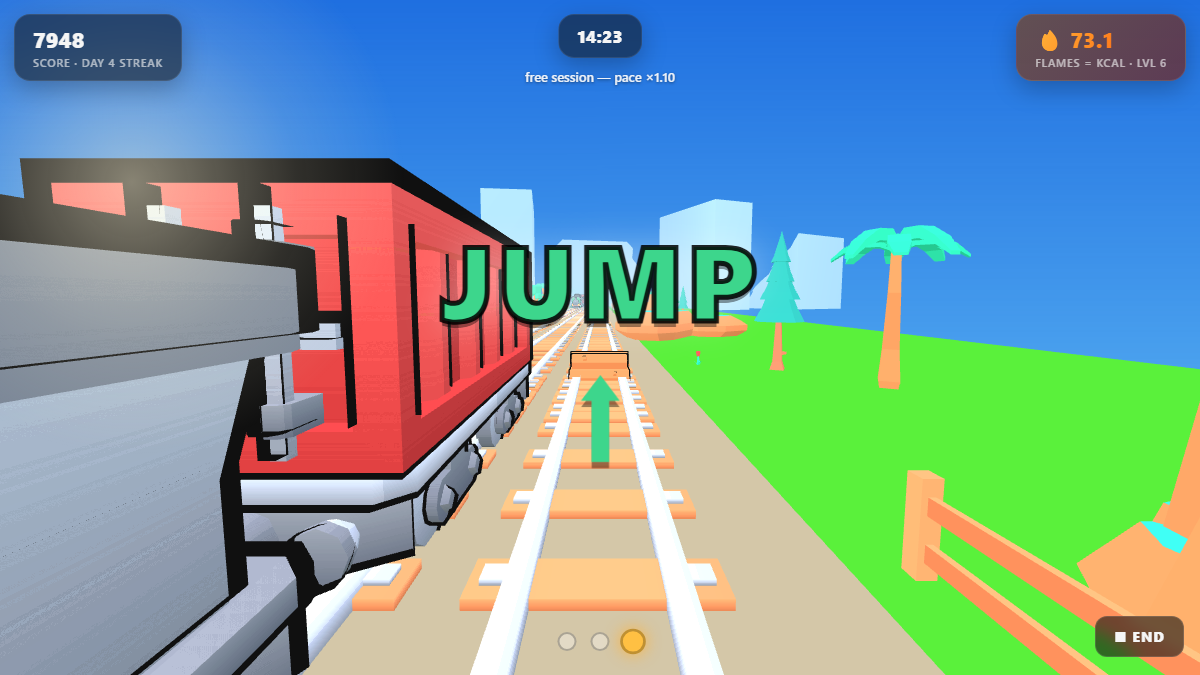 SurgeMove gameplay: the HUD showing current Level and pace multiplier mid-run